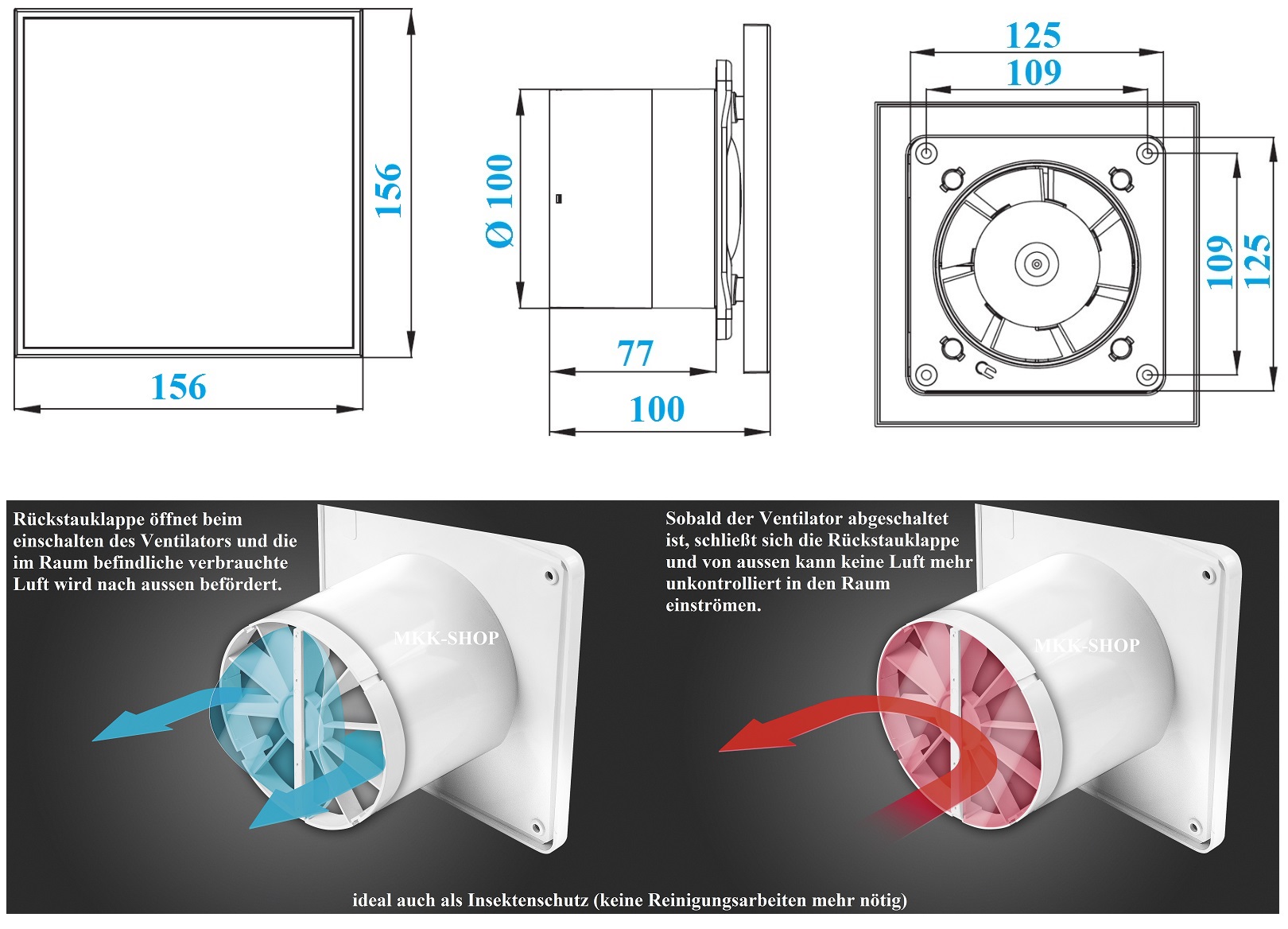 Badlüfter Timer Hygrostat Ø 100 mm Edelstahl Bad-Ventilator Lüfter Wand