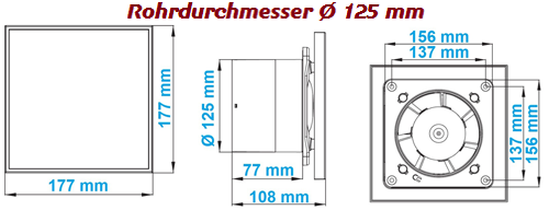 Bad-Decken-Lüfter Echtglas Ø 125 mm Wand-Ventilator Nachlauf
