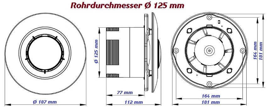 Deckenventilator Ø 100 125 150 mm Design Badlüfter Wandlüfter Bad Küche